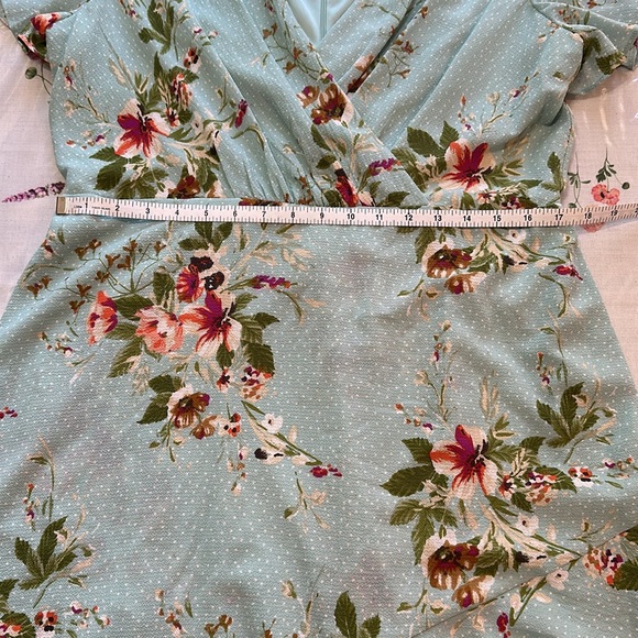 London Times seafoam green polka dot and floral v neck knee length dress size 16 - Picture 8 of 10